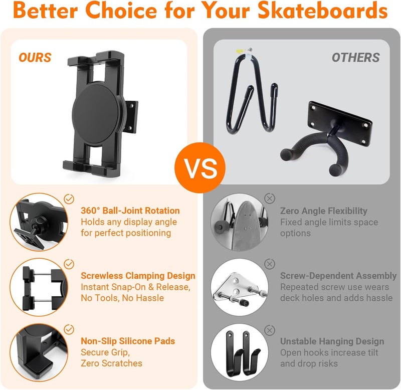 DYAUS 2 Packs Skateboard Wall Mount, 360° Adjustable Skate Board Wall Mounts, Rotating Skateboard Hanger, Extending Skateboard Rack, Floating Skate Deck Wall Mount Display, Black - Image 4